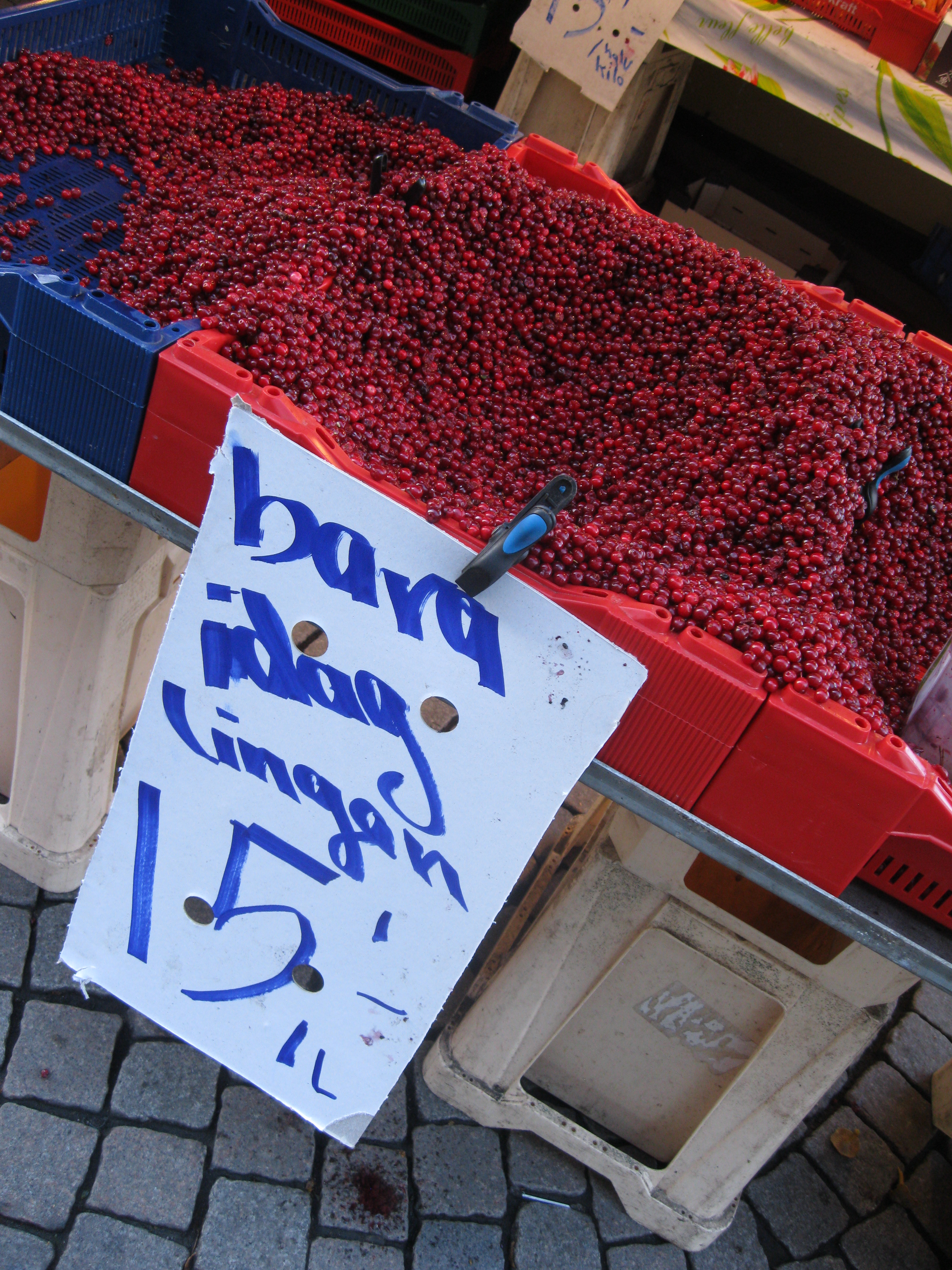 Lingonberries at a market stand in Gavle, Sweden.